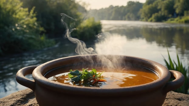 A steaming bowl of soup sits by a tranquil river, surrounded by lush greenery. photo