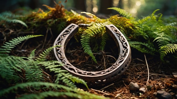 A decorative horseshoe nestled among ferns on a forest floor, symbolizing luck and nature. photo