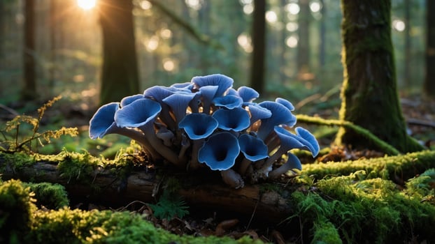 A cluster of blue mushrooms growing on a log in a sunlit forest. photo