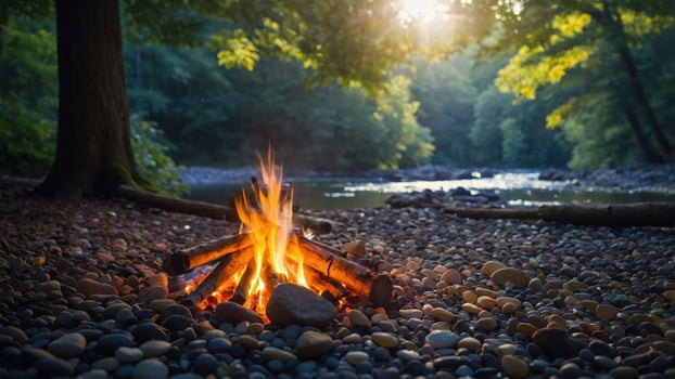 A serene campfire by a river, surrounded by pebbles and lush greenery. photo