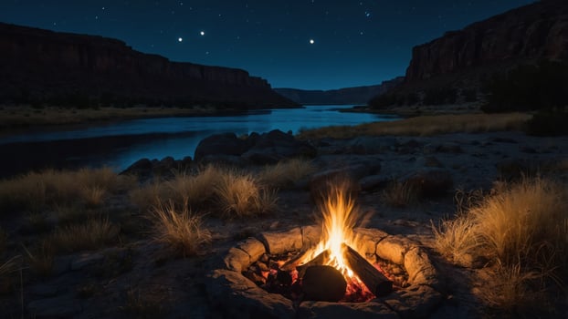 A serene night scene featuring a campfire by a river under a starry sky. photo
