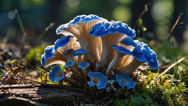 A cluster of vibrant blue mushrooms growing in a forest setting. photo