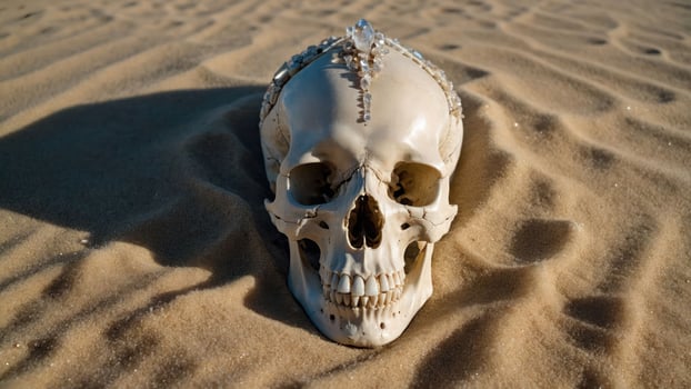 A skull adorned with a crown resting on sandy terrain, evoking themes of mortality and beauty. photo