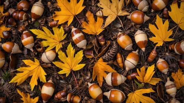A collection of acorns and autumn leaves on a forest floor. photo