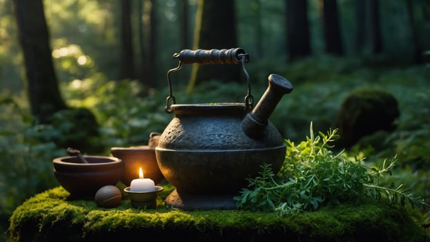 A rustic kettle and candle on moss, surrounded by herbs in a serene forest setting. photo