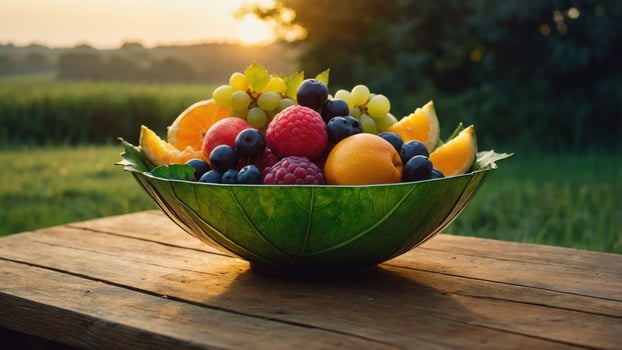 A vibrant fruit bowl on a wooden table, set against a serene outdoor backdrop at sunset. photo