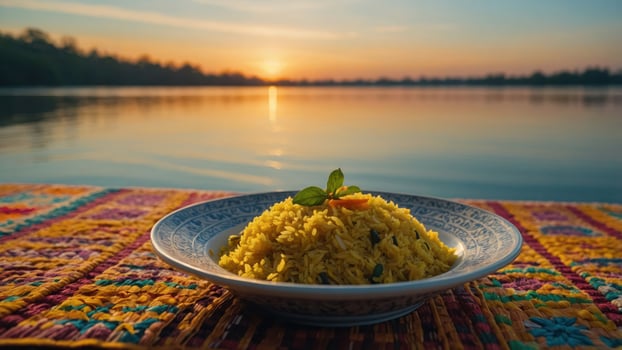 A bowl of yellow rice sits by a tranquil river at sunset, evoking a serene dining experience. photo