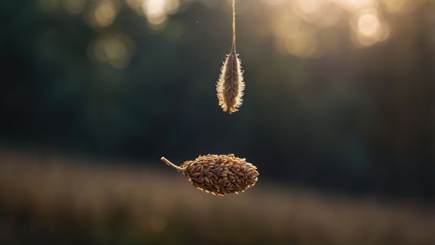 A close-up of seeds hanging in a soft, blurred natural environment during golden hour. photo