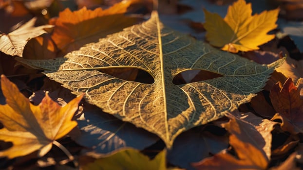 A large, leaf-shaped object with eye-like cutouts rests on a bed of autumn leaves. photo