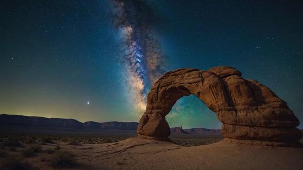 A stunning night sky over a natural rock arch, showcasing the Milky Way's beauty. photo