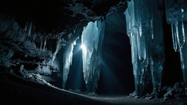 A dark cave illuminated by light, showcasing stunning ice formations. photo