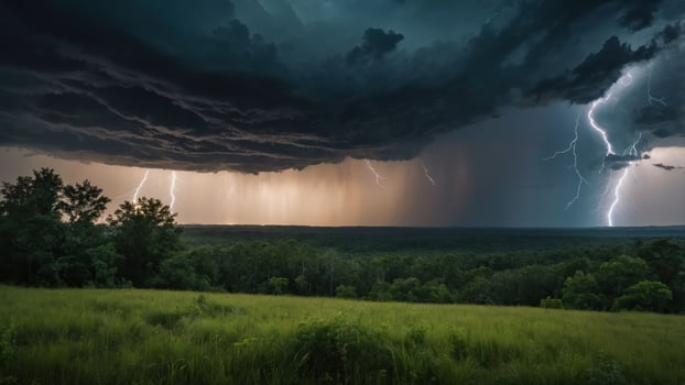 Dramatic stormy landscape with lightning and dark clouds over a green field. photo