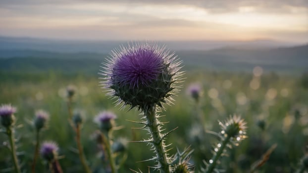 A close-up of a thistle flower in a scenic landscape during sunset. photo