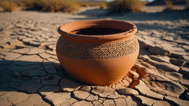 A decorative clay pot sits on cracked earth, highlighting arid environmental conditions. photo