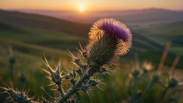 A thistle flower stands in the foreground as the sun sets over rolling hills. photo