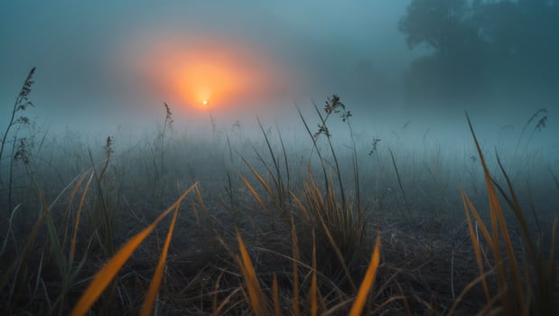 Sun Rising Through Fog in Field with Tall Golden Grass photo