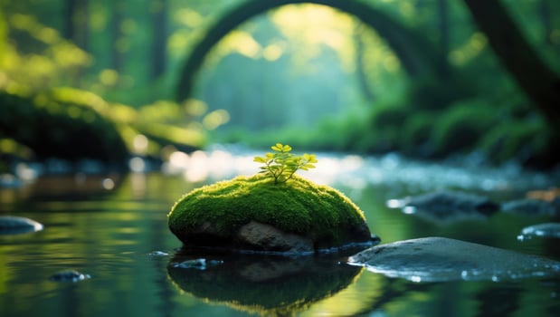 Small Plant Growing on Mossy Rock in Forest Stream photo