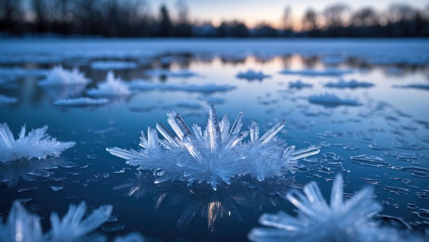 Ice Crystals Forming on Frozen Lake Surface at Dusk Creating Beauty photo