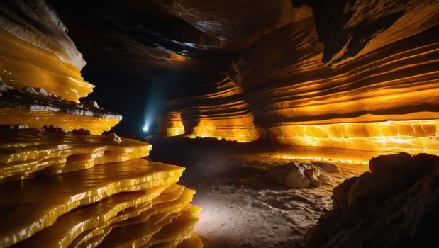 Exploring an Illuminated Underground Cave System with Rock Formations photo