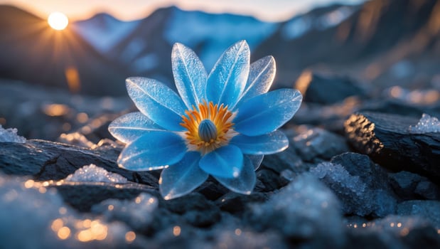 Lone Blue Flower Blooms Amongst Snowy Rocks at Sunrise photo