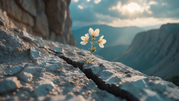 Flower Growing Through Rock Crack Against Mountain at Sunset photo