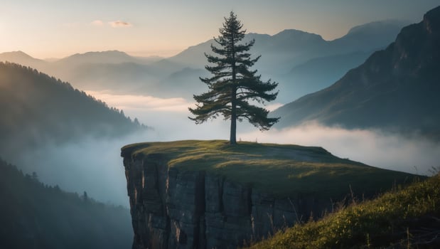 Solitary Pine Tree on Cliff Edge Overlooking Misty Mountain Landscape photo