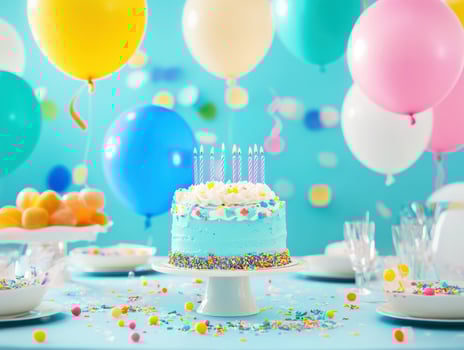 Celebration with colorful balloons and a bright birthday cake photo