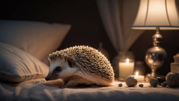 Hedgehog Relaxing on Bed with Candles and Lamp Warm Atmosphere photo