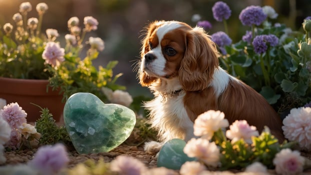 Dog Sitting in Garden with Heart Shaped Stone Decoration photo