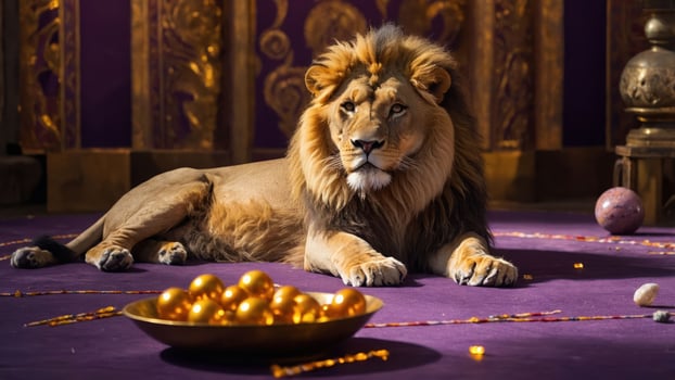 Lion Resting with Golden Orbs on Purple Fabric photo