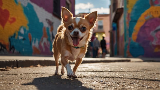 Small Dog Walking Down Urban Street with Graffiti Art Background photo