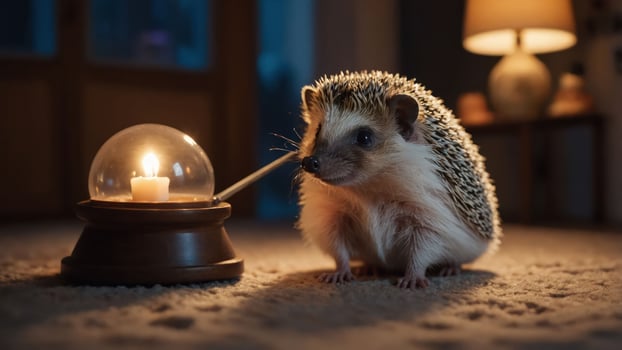 Hedgehog Gazing at Candle Light Inside Globe on Carpet photo