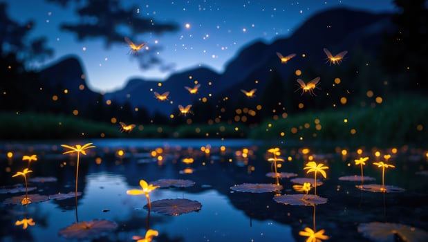 Fireflies Flying Over Pond with Lily Pads at Night photo