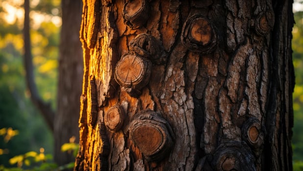 Tree Bark Texture Detail with Knots and Warm Sunlight in Forest photo
