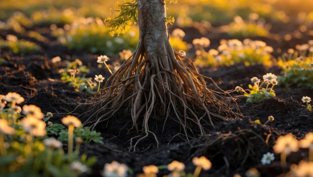 Exposed Tree Roots Growing in Soil Among Small White Flowers photo