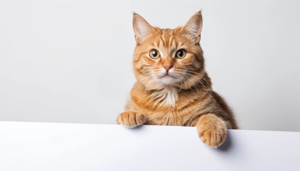 A curious ginger cat peeks over a blank white banner, showcasing its playful expression, perfect for pet-related marketing or promotional content. photo