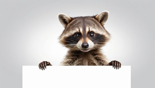 A cute raccoon peeks over a blank white banner, exuding a charming and playful demeanor, ideal for promoting wildlife awareness or pet-related content. photo
