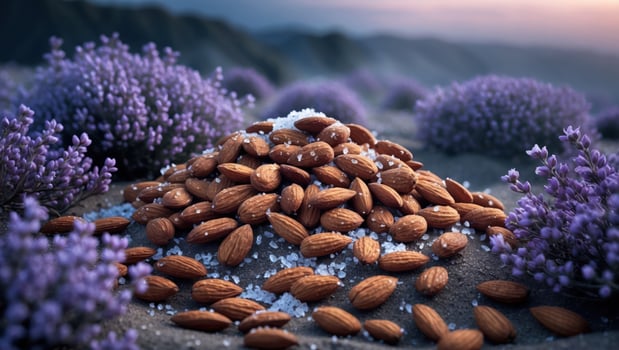 Pile of Almonds with Salt in Lavender Field at Dusk photo
