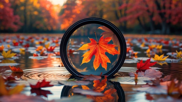 Autumn Leaves Floating on Water Surface Seen Through a Filter photo