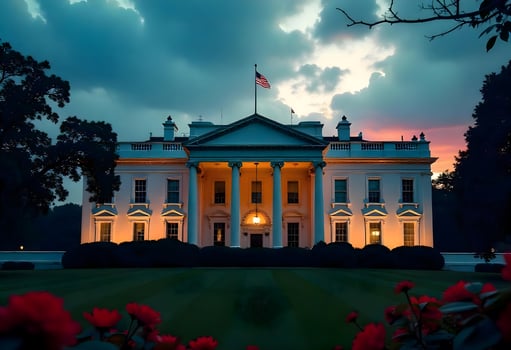 Presidential Splendor at Dusk, The Historic White House Stands as a Beacon of Heritage and Dignity, Framed by Lush Red Blooms, Vibrant Greenery and an Awe-Inspiring Skyline photo