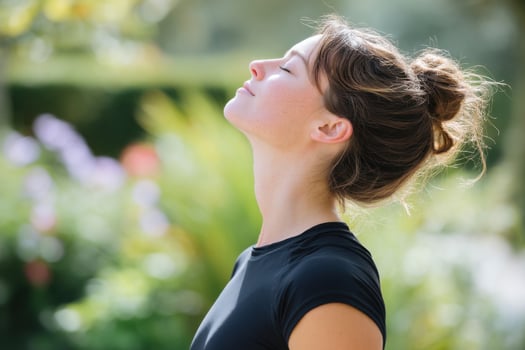 Young woman practicing breathwork exercise for relaxation in nature photo