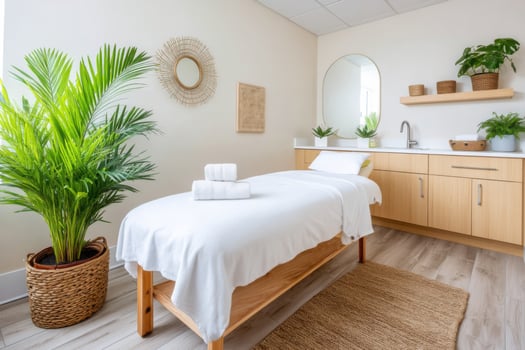 Modern holistic therapy studio featuring massage table and houseplants promoting relaxation photo