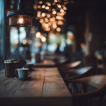 Cozy evening retreat with warm lights and steaming coffee in a cafe photo