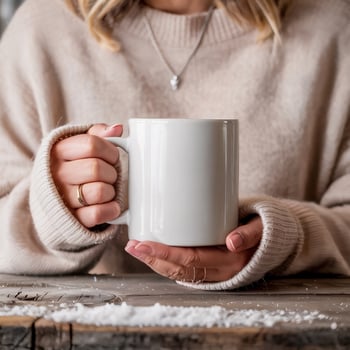 A person wearing a cozy beige sweater holds a large white mug, suggesting a warm, comforting moment. photo
