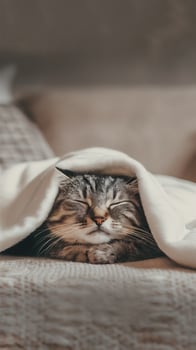 A fluffy cat is peacefully sleeping under a cozy white blanket, with its eyes gently closed and a serene expression on its face. photo