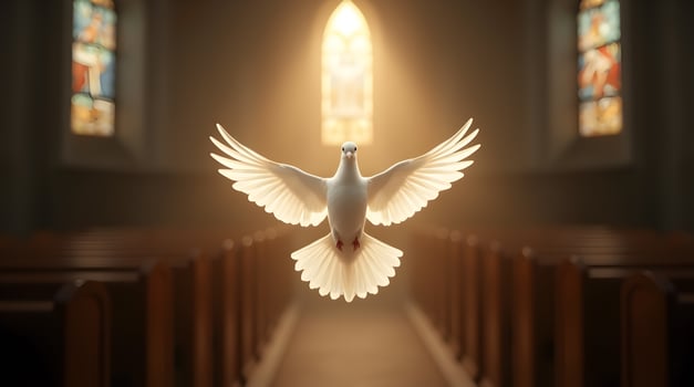 A white dove flying in front of a church photo
