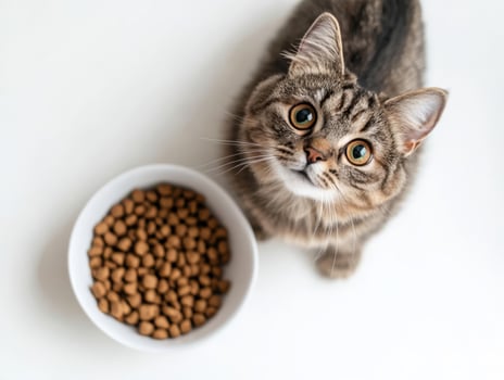 Playful cat sitting beside a bowl of kibble photo