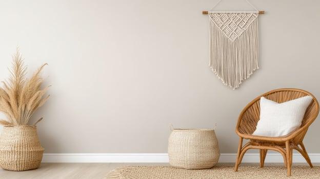 A room with a chair, a rug and a wall hanging photo