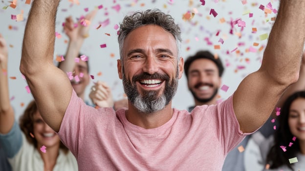A man with a beard and a group of people celebrating photo