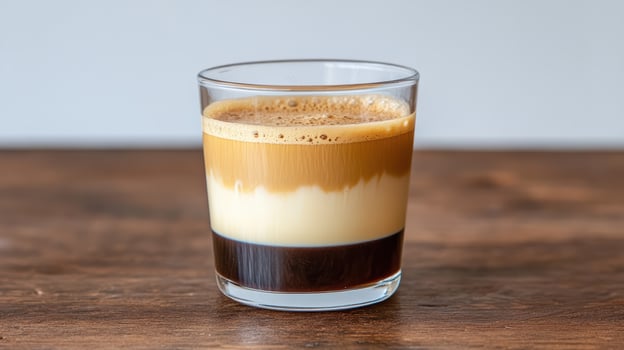A glass of coffee with a brown liquid photo